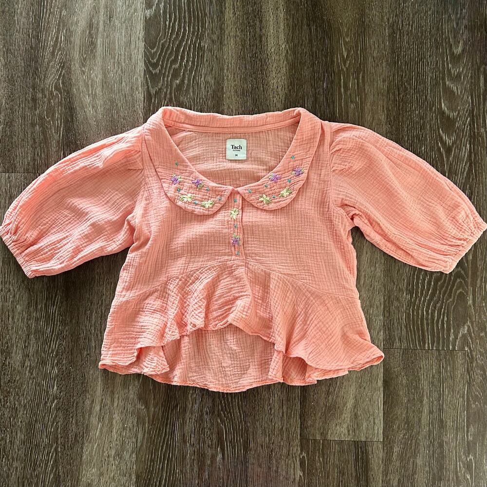 Tach Larina Embroidered Linen Cotton Top Puff Sleeve Peach Pink - Picture 15 of 16